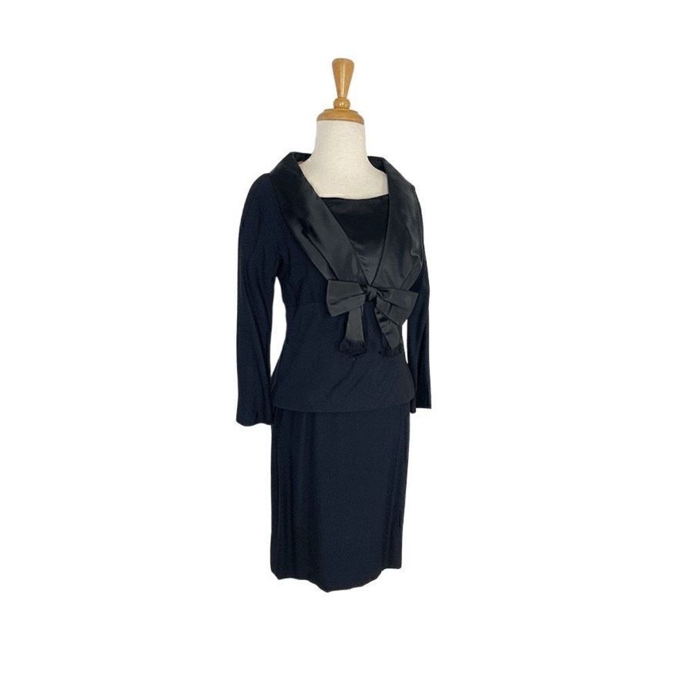 Jeunesse NY S VTG 10 Black Dress Set 1950s Day Suit Bow Volup Satin Shawl Collar - Picture 2 of 13